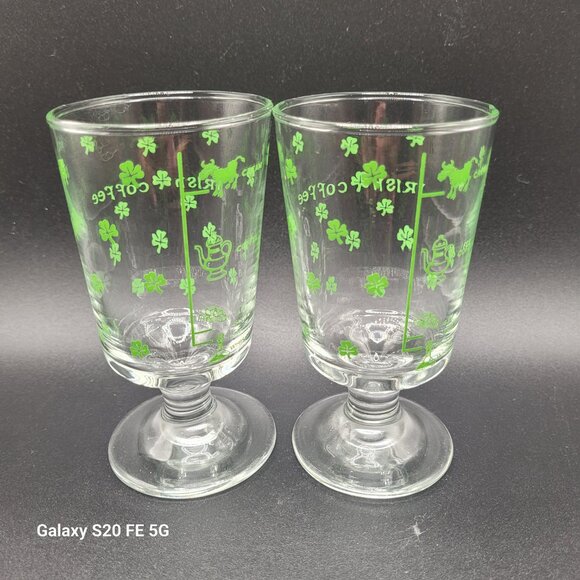 Libbey Vintage Irish Coffee Recipe Footed Clear with Green Shamrocks Glass Mugs - Picture 3 of 8